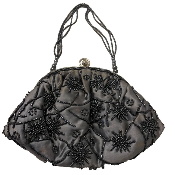 La Regale Vintage Beaded Evening Bag w/ Short Beaded Handle; Color: Pewter/Grey - Picture 2 of 4
